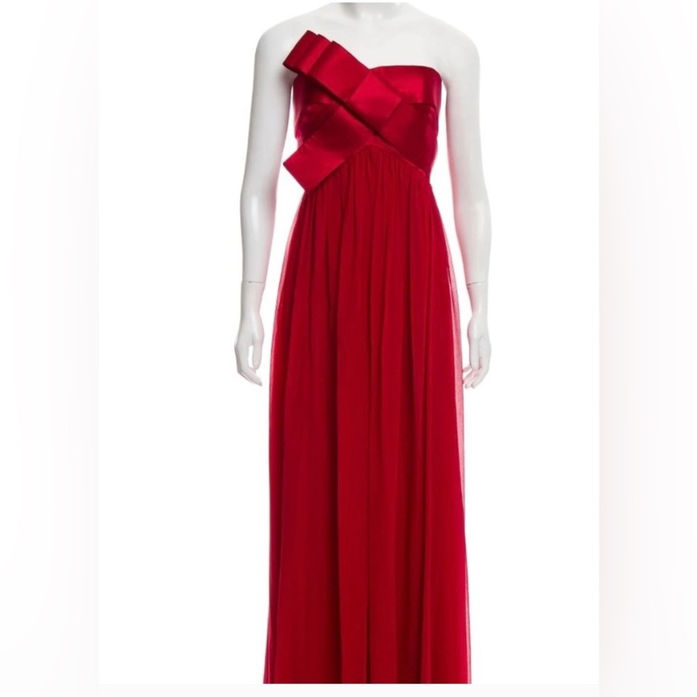 Marchesa Notte maxi red silk strapless corset dress gown 4